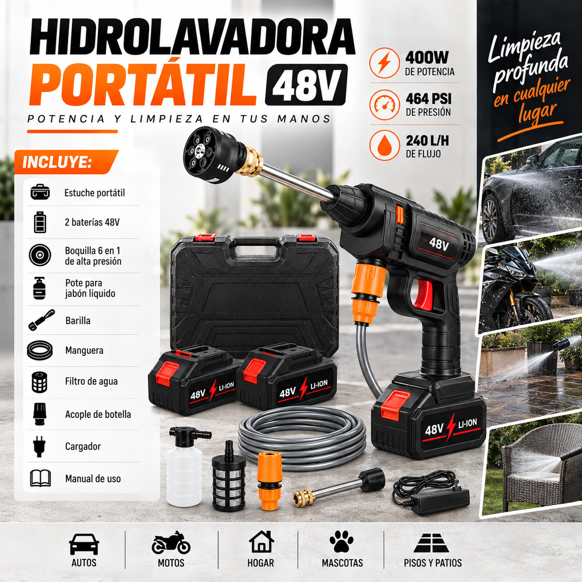 Hidrolavadora Portatil 6 boquillas + Accesorios