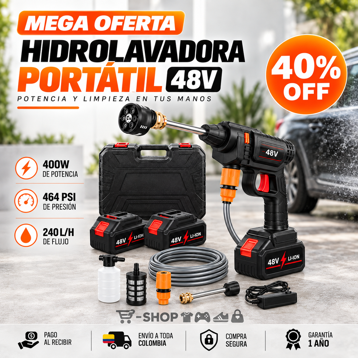 Hidrolavadora Portatil 6 boquillas + Accesorios